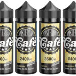 Four bottles of Amsterdam Cafe with different nicotine strengths on a white background