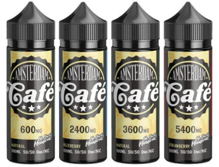 Four bottles of Amsterdam Cafe with different nicotine strengths on a white background